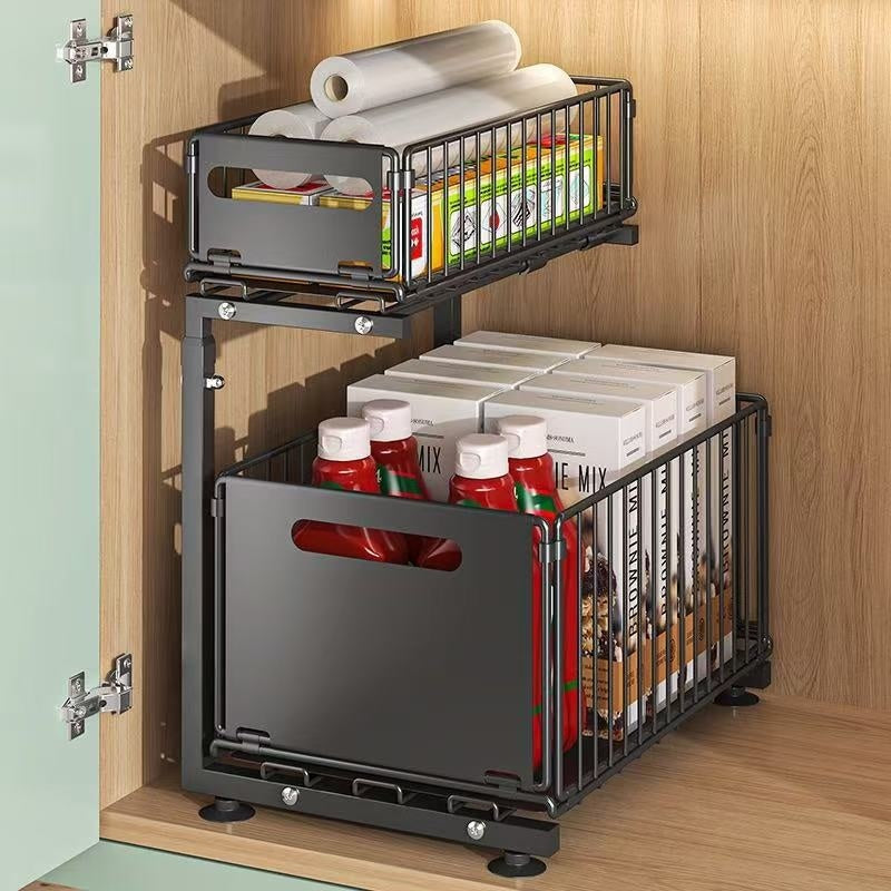 Under Sink Double Layer Pull Out Storage Rack For The Kitchen Sink