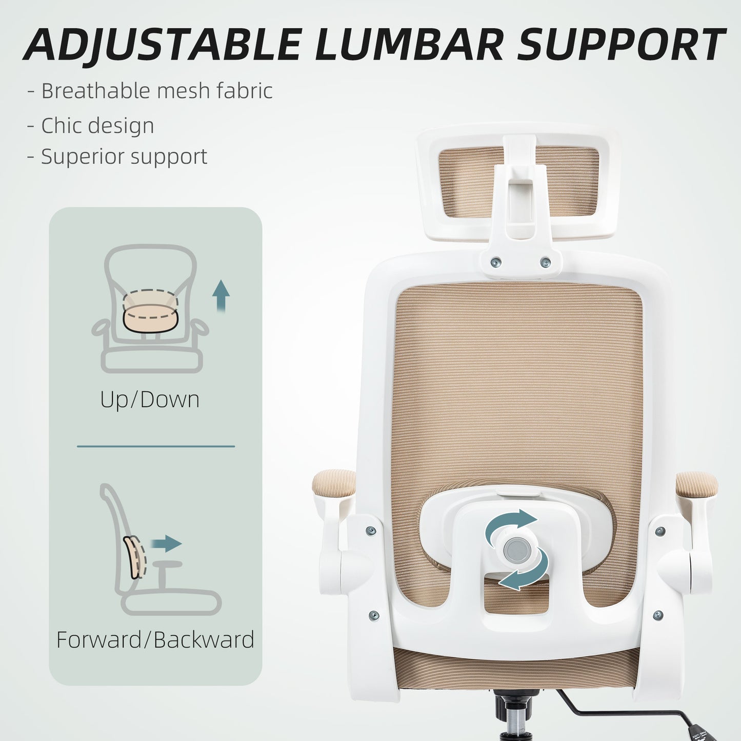 Mesh Office Chair, Ergonomic Desk Chair With Flip-up Armrest, Rotatable Headrest, Adjustable Lumbar Support, Khaki