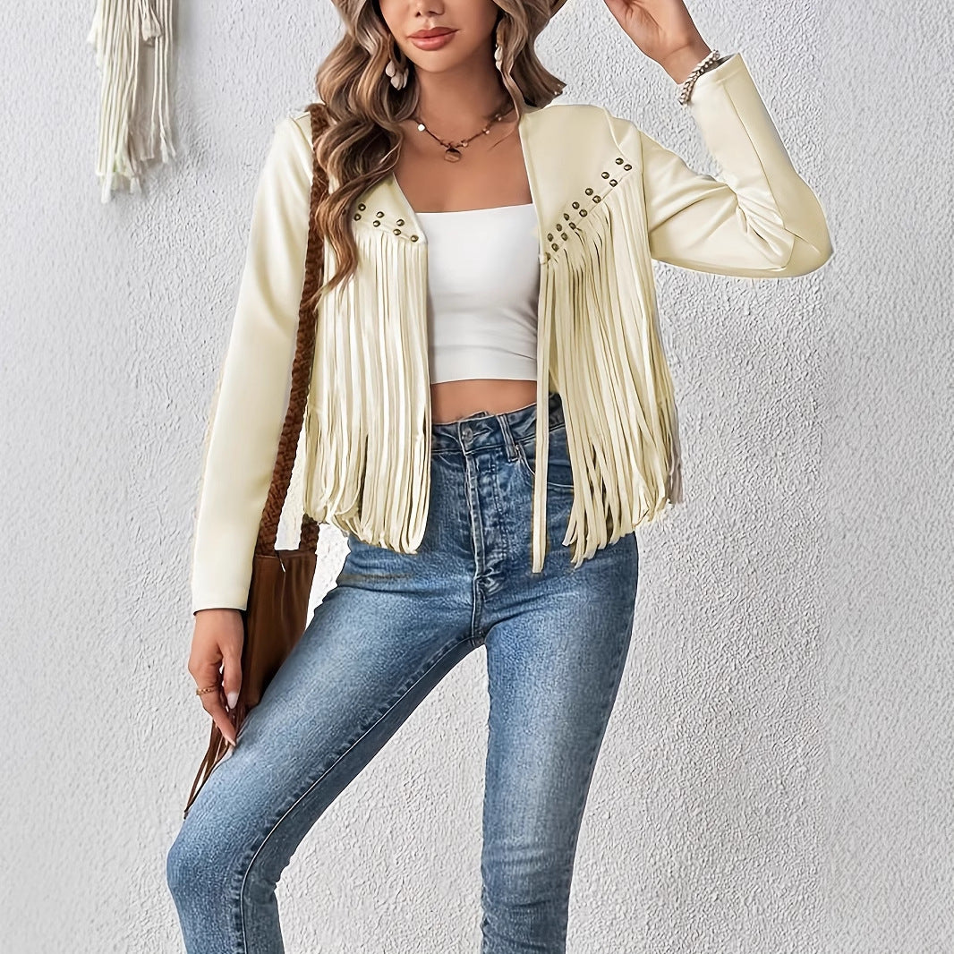 Women's Elegant Solid Color Tassel Trimmed Front Open Jacket Jacket