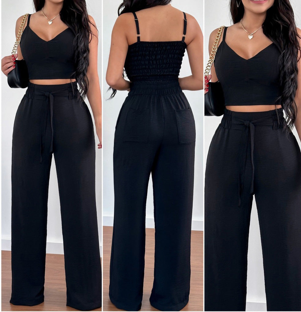 Women's Solid Color Slim Elastic Pleated Two-Piece Suit Sexy Spaghetti Strap V-neck Backless Vest High Waist Wide Leg Pants Suit