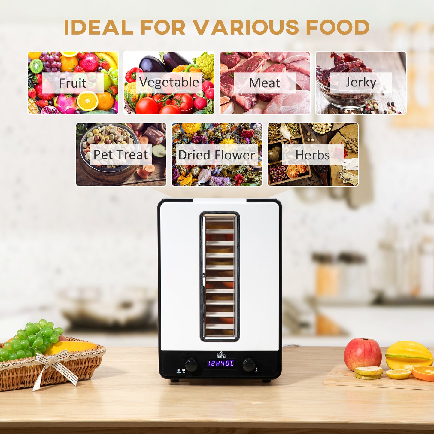 11-Tray Food Dehydrator, 40-70℃ Temperature And Timer
