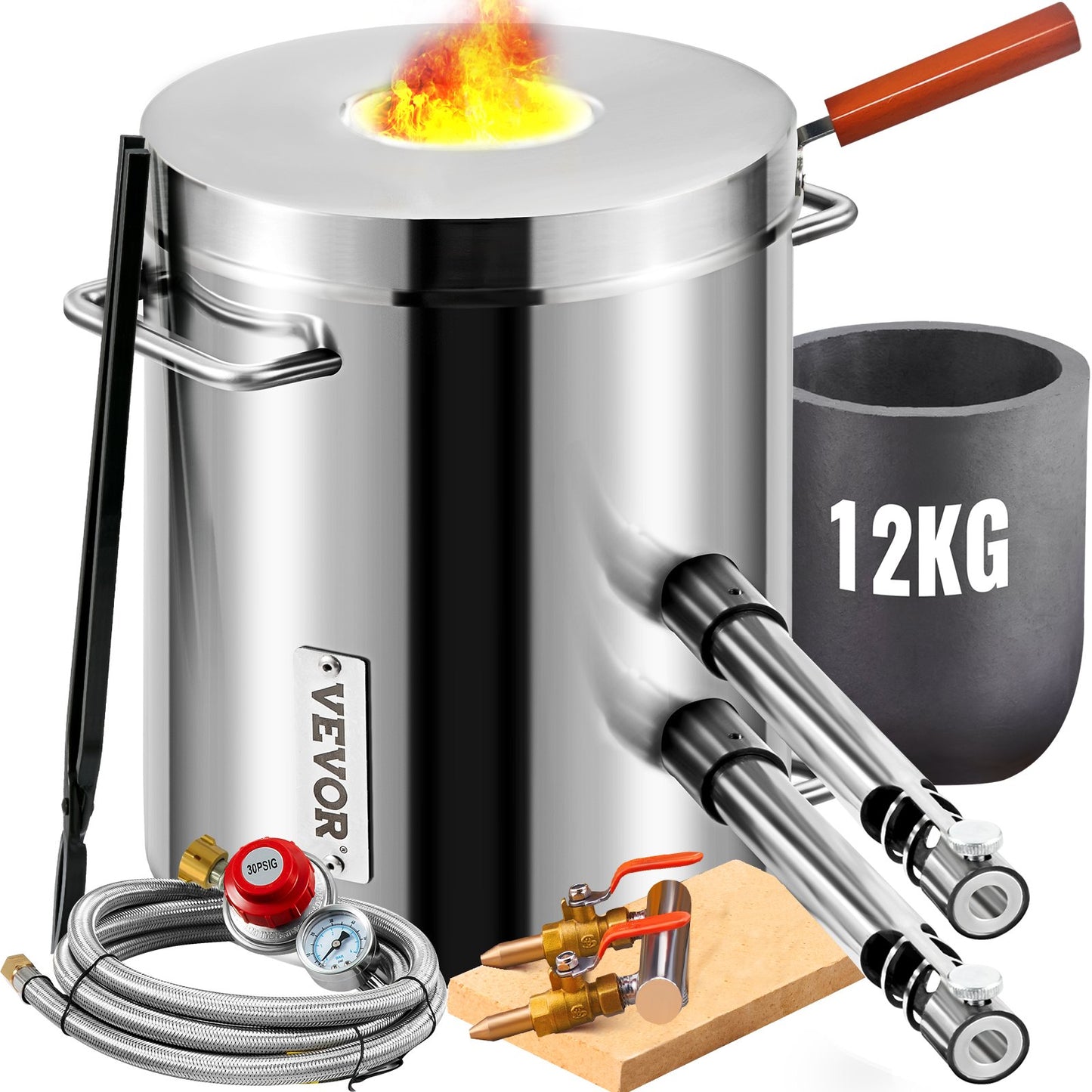 Schmelzofen Propan Metall Schmelzofen 12 Kg, Edelstahl Schmelzofen Gas 1482 ℃ Inkl. 2 X Brenner, 1 X Tiegel, Schmiede Messerherstellung Schmiedeset Für Kupfer, Aluminium, Gold, Silber Usw.