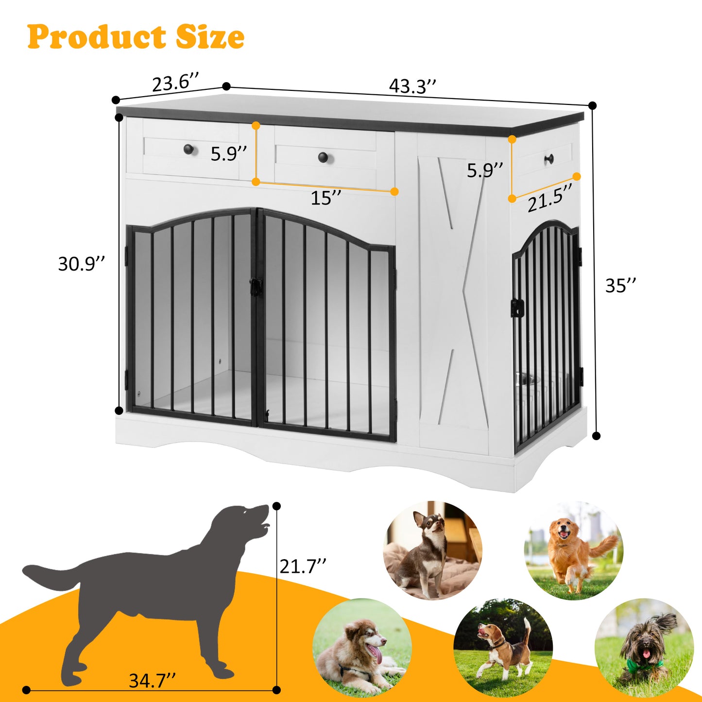 GO 43.3 Farmhouse Dog Crate Furniture, Heavy Duty Dog Crate With 3 Drawers, Indoor Wooden Dog Kennel With Removable Feeder, Dog Cage End Table For  Medium Large Dogs, White