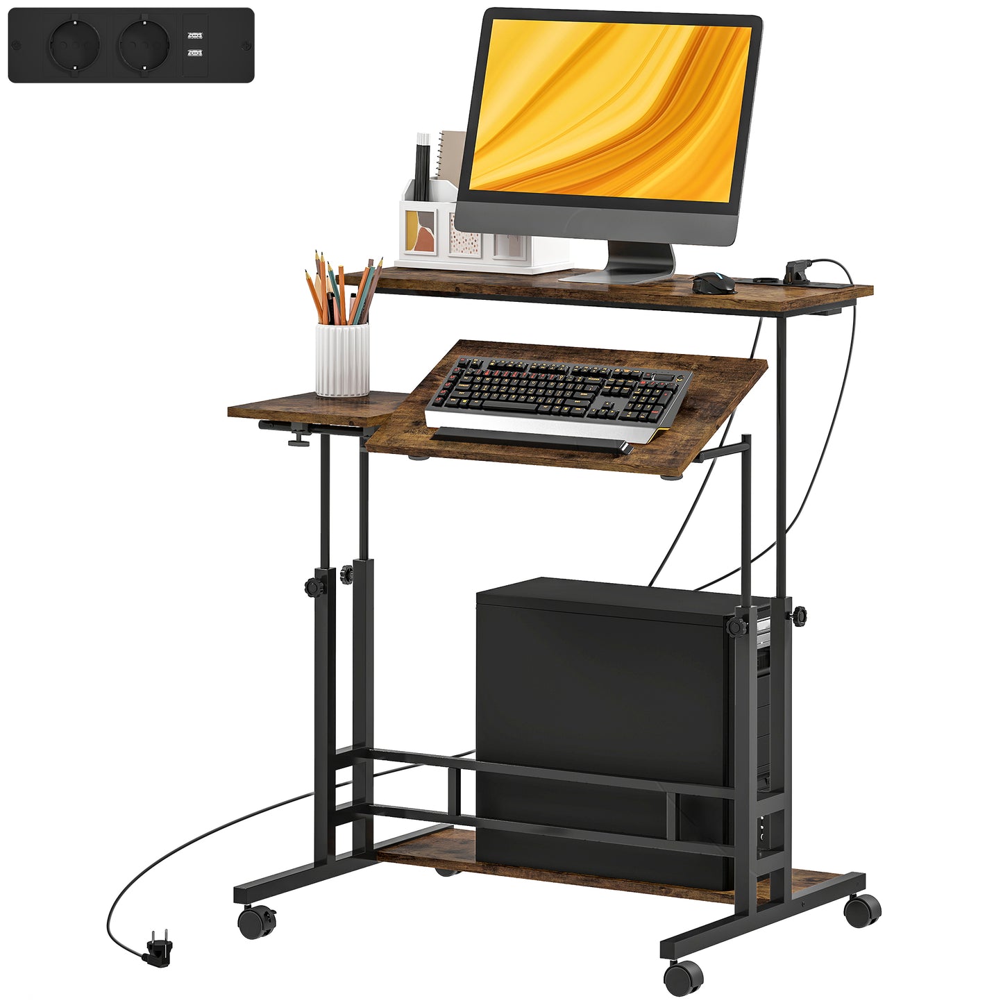 Adjustable Standing Desk With Power Outlets, Stand Up Desk With Tiltable Tabletop, Wheels, Shelf, For Home Office, Brown