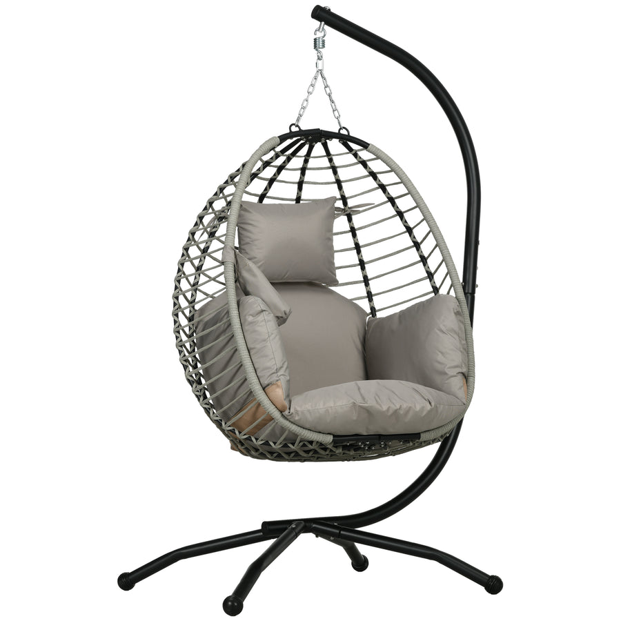 Single Rattan Hanging Egg Chair, With Seat Cushion - Grey