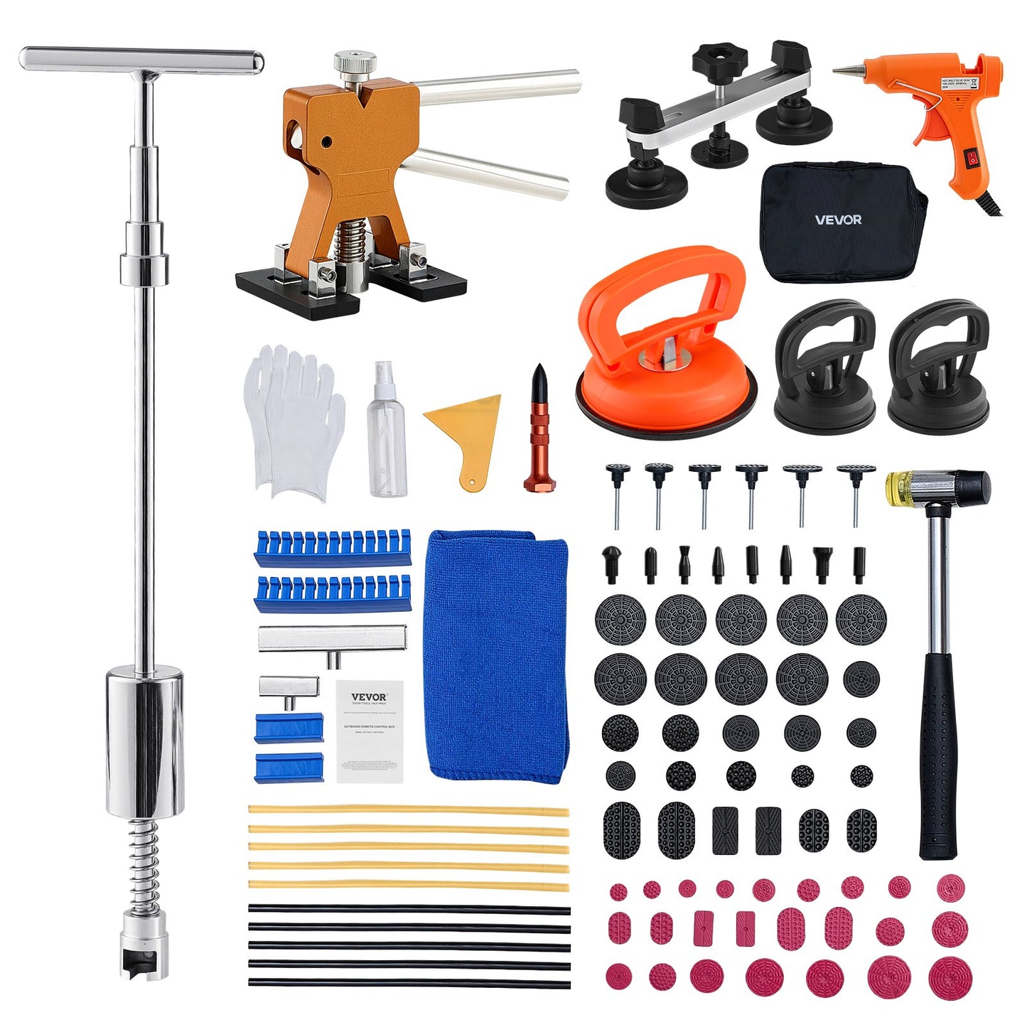 Dellenzieher Set (100 Stk.) Zur Lackfreien Dellenentfernung Mit Goldenem Heber, Brückenzieher, Gleithammer, T-Stange, Klebepistole, Beulen Reparaturset Dellen Reparaturset Ausbeulreparatur