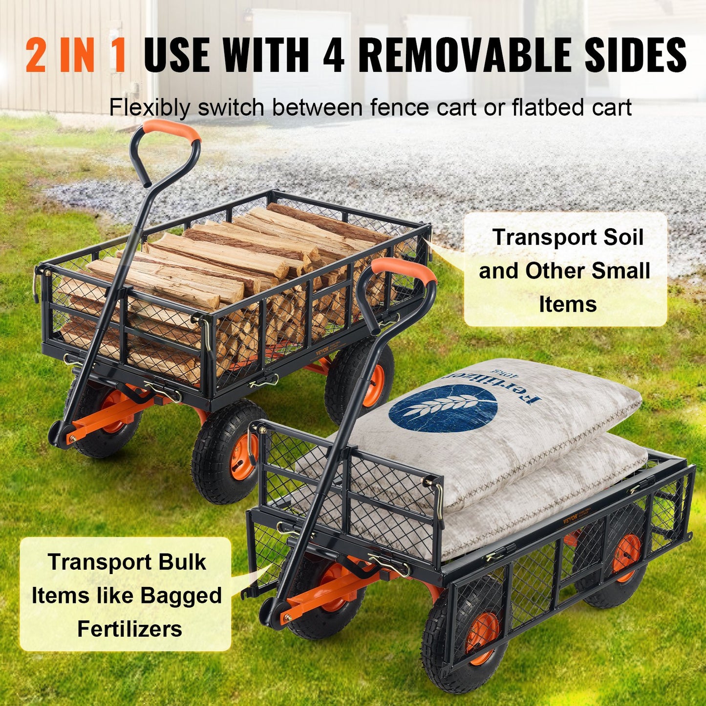 Dump Cart, Metal Garden Dump Cart With Easy To Assemble Frame, Dump Wagon With 2-in-1 Convertible Handle, Utility Wheelbarrow 880 Lbs Capacity, 10 Inch Tires