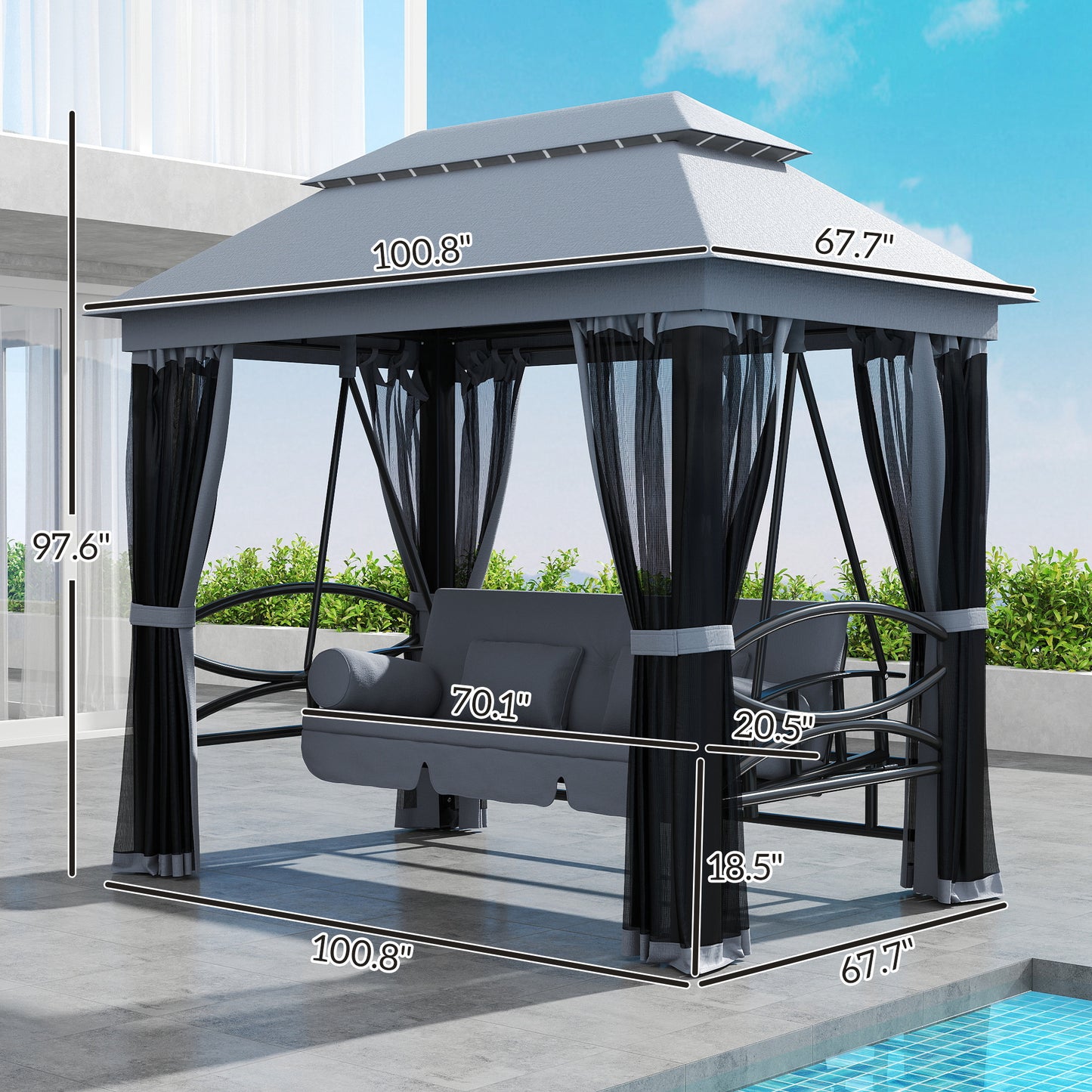 3-Seat Patio Swing Chair, Outdoor Gazebo Swing With Double Tier Canopy, Mesh Sidewalls, Cushioned Seat And Pillows, Gray