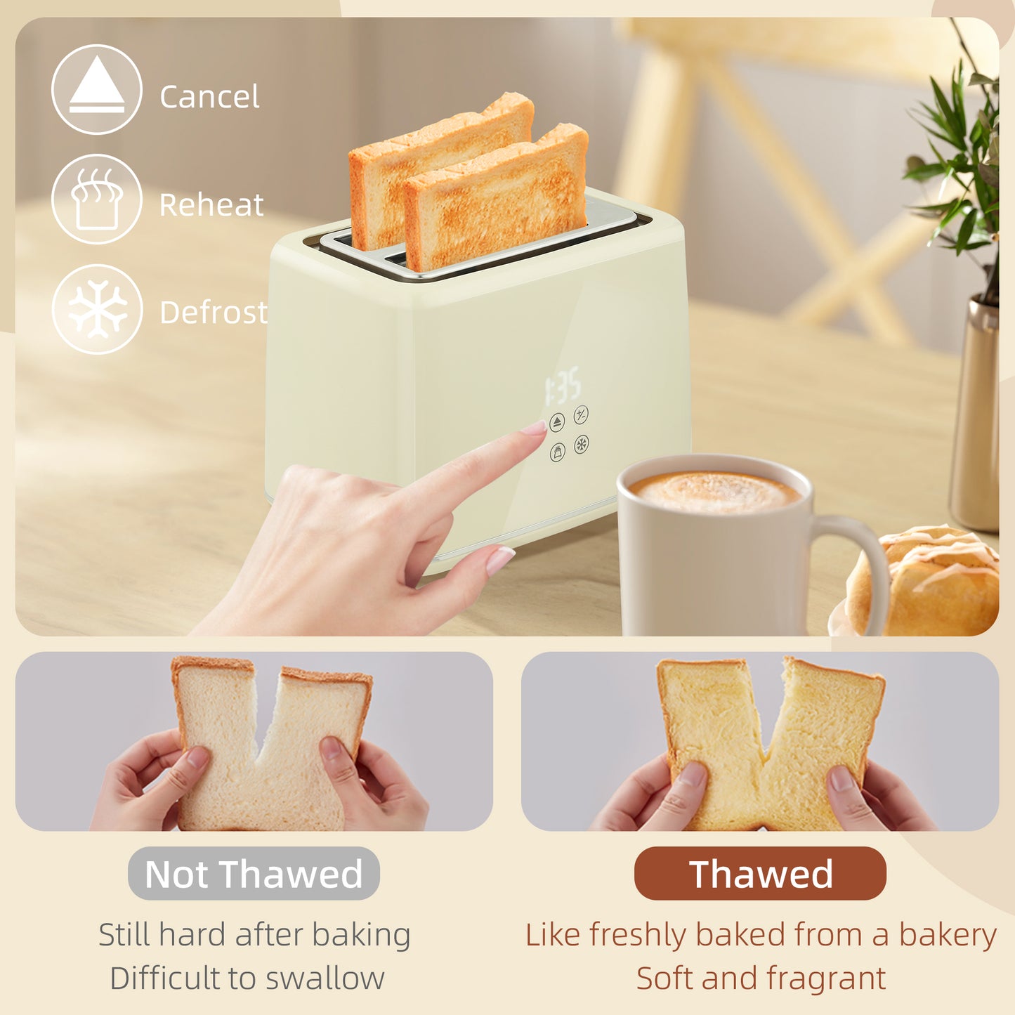 Digital Stainless Steel Kettle And Toaster Set, 1.5L 3000W Fast Boil Kettle, 2 Slice Toaster With 7 Level Browning Controls, Defrost, Reheat, Keep Warm, Crumb Tray And LED Touch Display, Beige