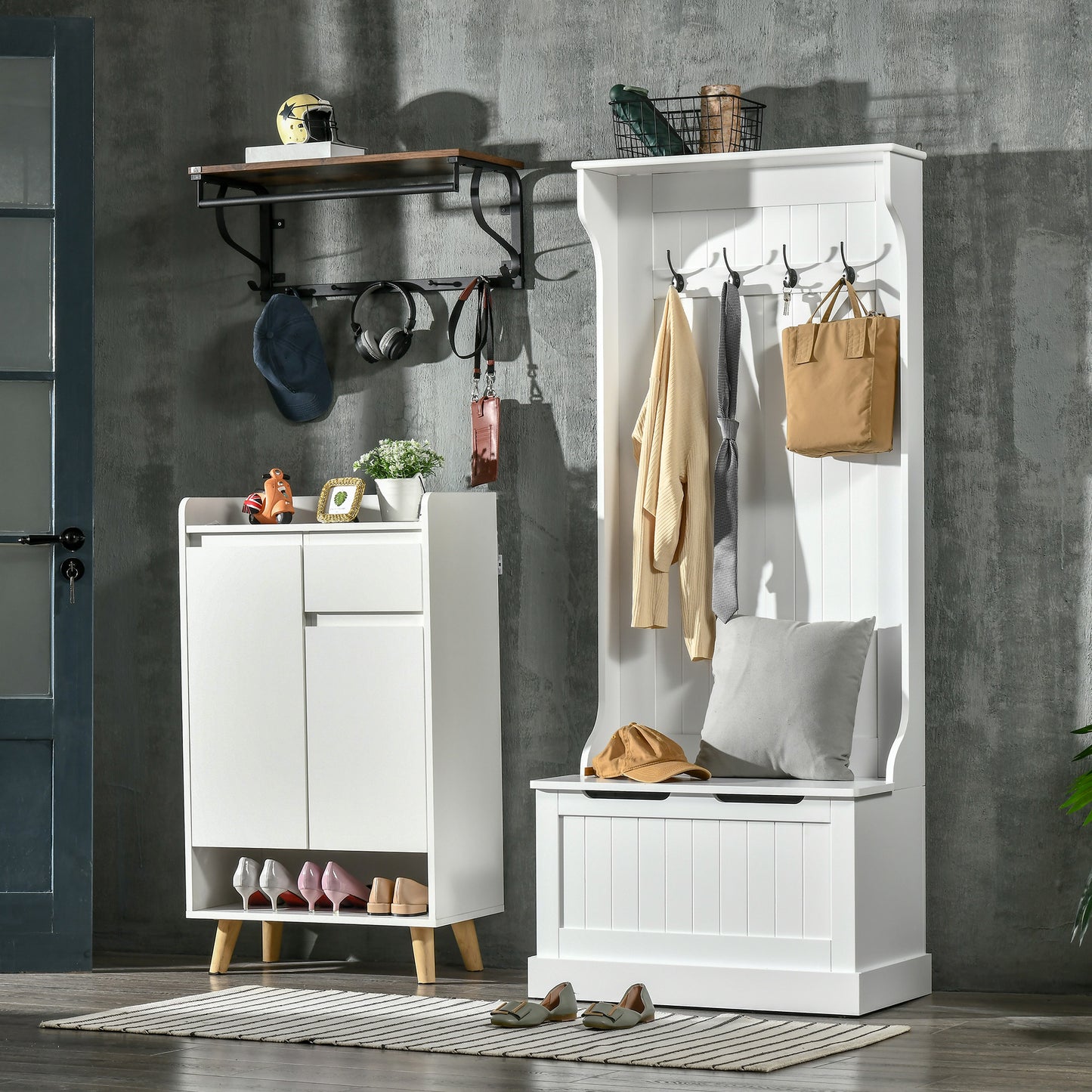 Entryway Hall Tree With Coat Rack, Sitting Bench, Storage, And Hooks, Mudroom Bench, White