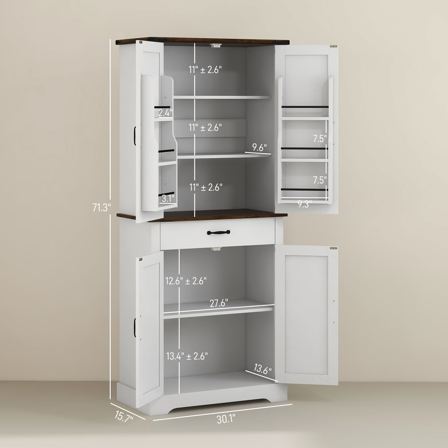 71" Tall Kitchen Cabinet, Farmhouse Pantry Cabinet W/ Barn Doors, 6 Shelves W/ 2 Doors, Drawer And Adjustable Shelves, White