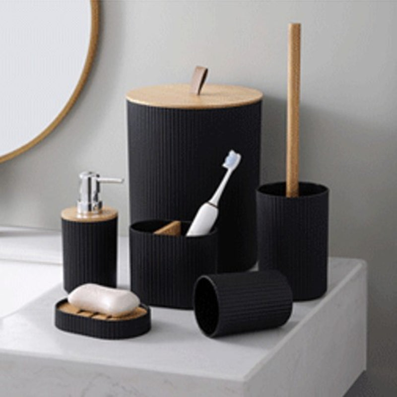 Affordable Luxury Bamboo And Wood Bathroom Set Washbasin Accessories Hydraulic Cup Soap Dish Toothbrush Holder