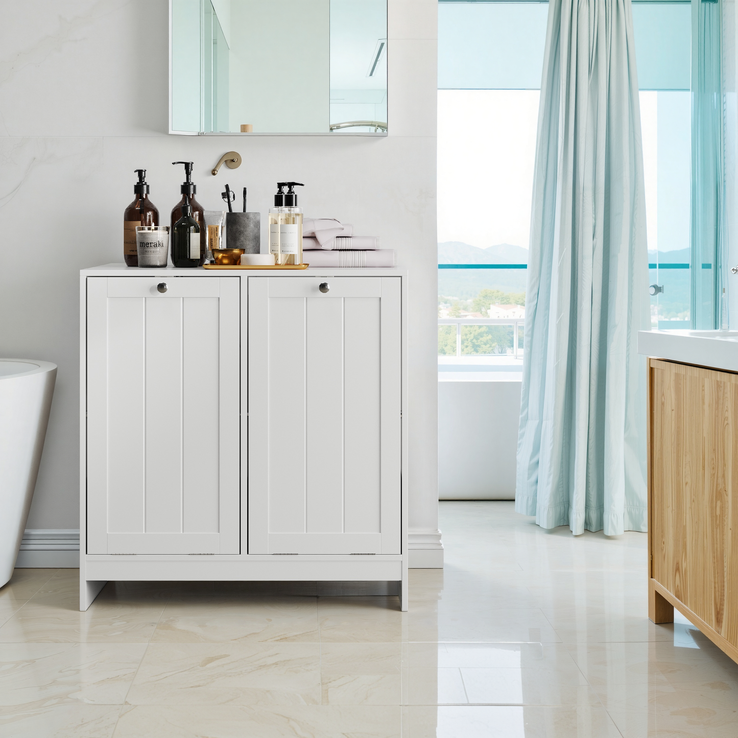 Tilted Laundry Hamper With Removable Basket, Hidden Laundry Hamper, Bathroom Laundry Hamper Storage Cabinet, Free-Standing Home Organizer, White