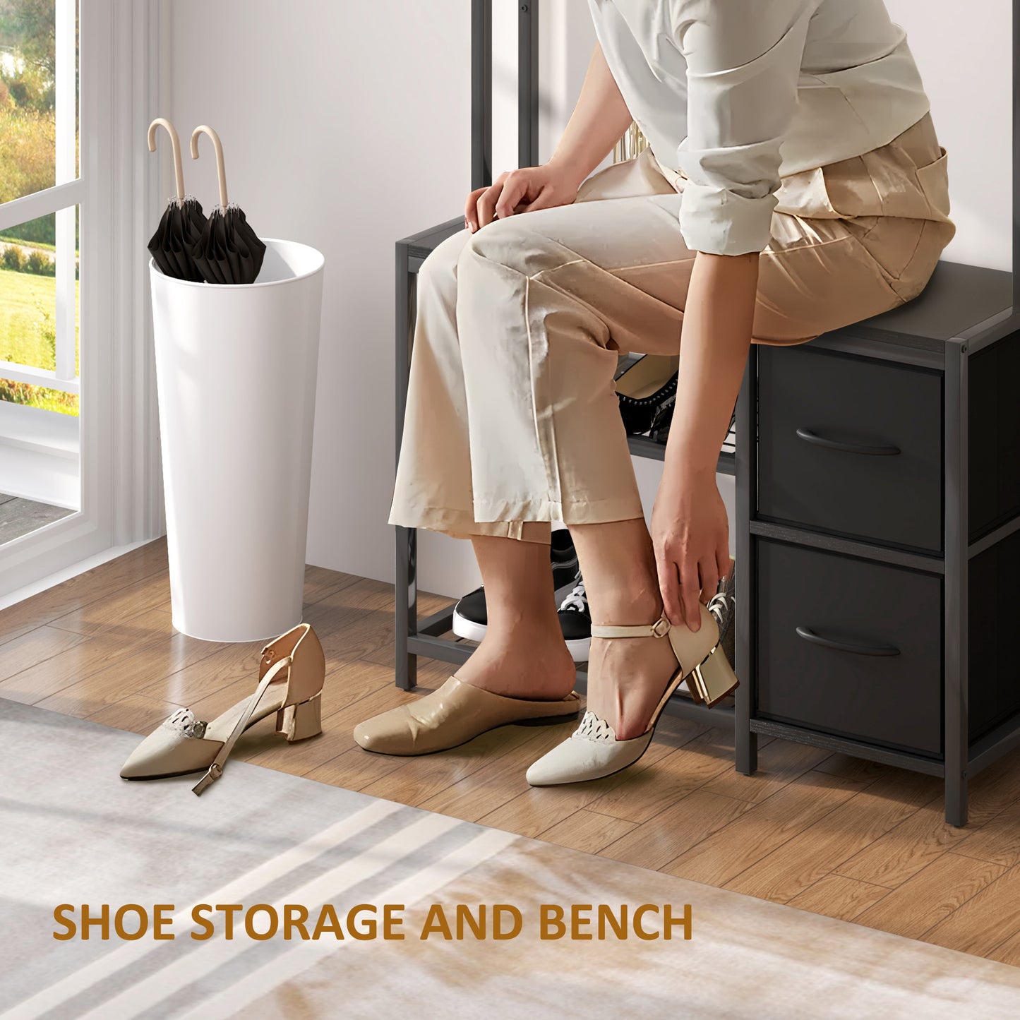 Hall Tree with Bench and Shoe Storage, 5-in-1 Entryway Bench with Coat Rack, 3 Storage Shelves, 2 Fabric Drawers, Black