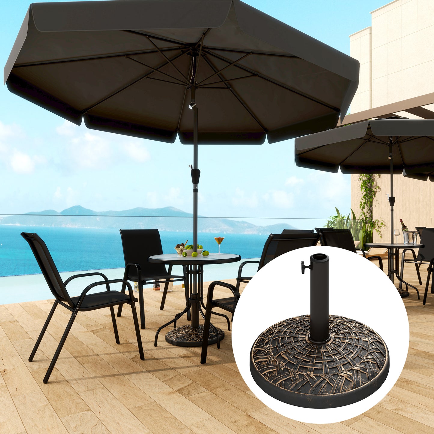 19" Patio Umbrella Base, 26 Lbs Concrete Heavy Duty Umbrella Stand, Round Patio Umbrella Holder For 1.5"/1.9" Umbrella Poles For Outdoor, Lawn, Poolside, Bronze