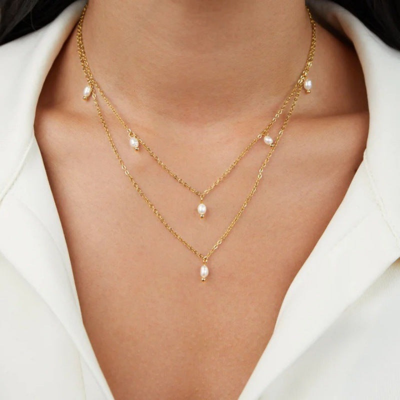 Women's 18K Gold-plated Natural Pearl Double-layer Twin Necklace