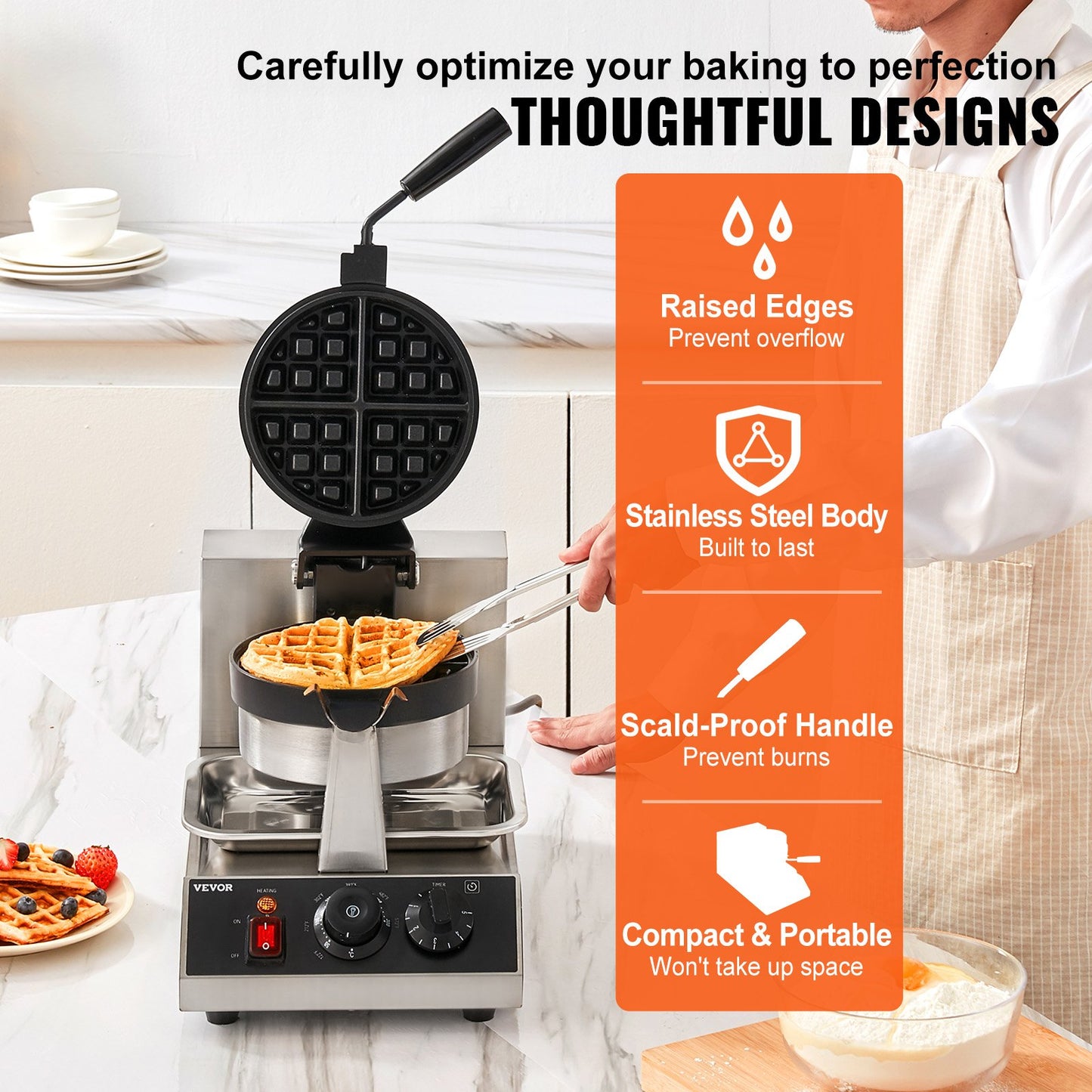 Rundes Waffeleisen Waffel 1300 W, Kontaktgrill Belgische Waffeleisen 4 Stk. Edelstahl Waffeln Automat Inkl. Lebensmittelclip & Bürsten & Verbrühungssicherer Griff, Für Cafés, Restaurant Usw.