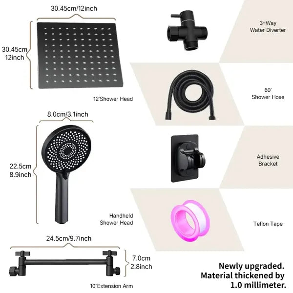 3-in-1 Shower System - High-Flow Square Rain Head + Adjustable Arm + Handheld Spray