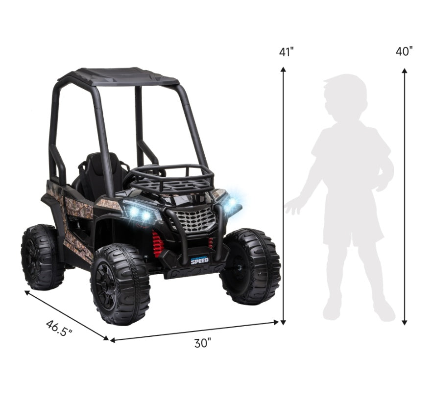 12V Kids Off-Road UTV Electric Ride On Car Black Camouflage High Roof Remote Control Lights MP3 Adventure Toys