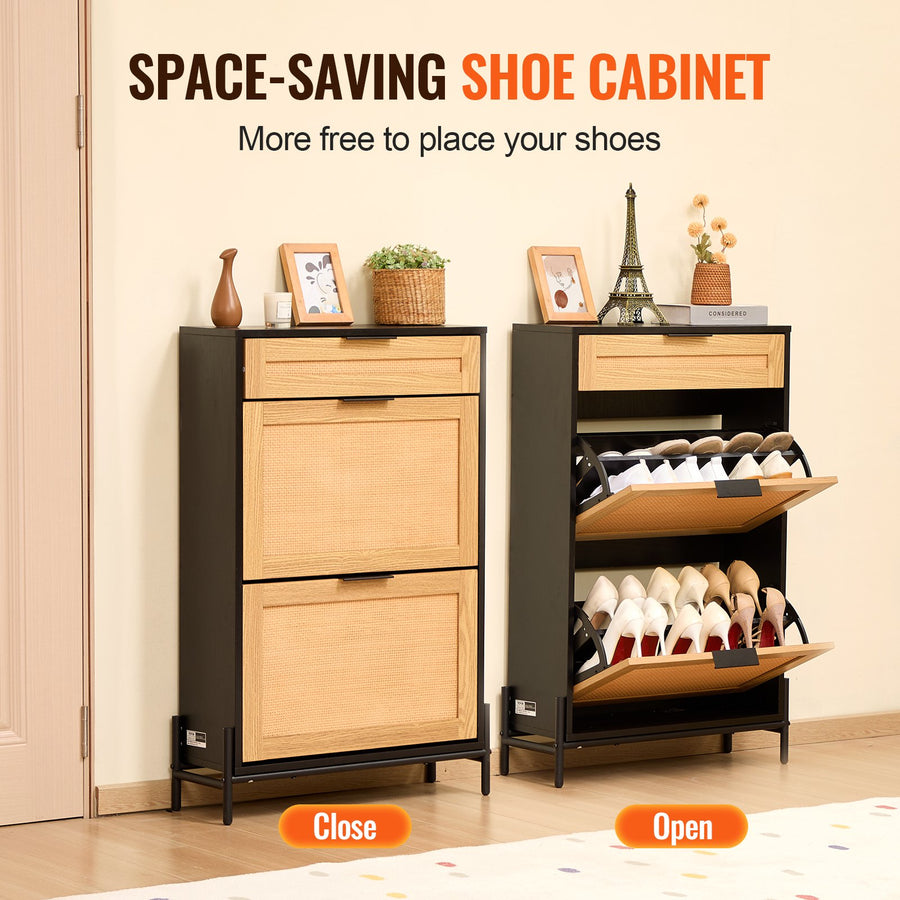 Rattan Shoe Cabinet, Narrow Shoe Storage Organizer With 2 Flip Rattan Drawers & 1 Slide Drawer, Metal Legs, Slim Shoe Entryway Cabinet Ideal For Entryway, Closet, Hallway, Black