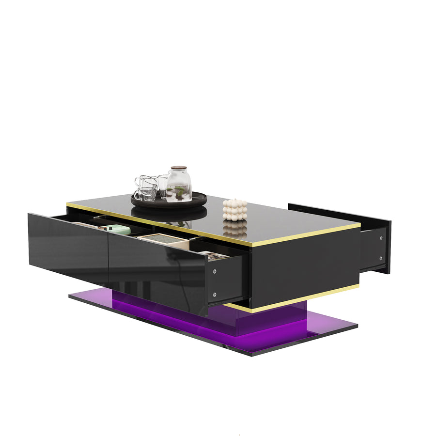 Modern LED Coffee Table With High-Gloss Finish, 100 Cm Length, Gold Accents, 3 Drawers & USB LED Light Strip Adapter-Power Bank Required