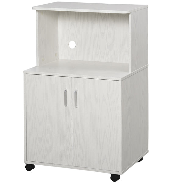 Kitchen Storage Unit, Modern Microwave Stand Trolley Cart, Sideboard With Cabinet,  Locking Wheels, Shelf For Living Room, Dining Room, White