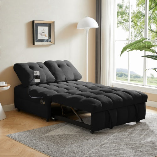 Modern Sofa Velvet Pull-out Bed,Independently Removable Backrest, Have USB Port And Swivel Phone Stand ,black