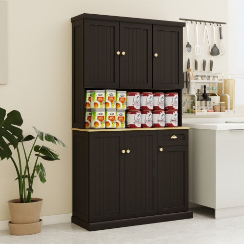 Kitchen Pantry Storage Cupboard With Microwave Countertop, Freestanding Cabinet With Adjustable Shelves, 6 Doors And 1 Drawer - Black
