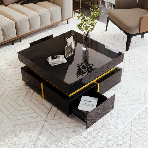 Coffee Table, High-Gloss Living Room Table, Side Table With Drawers And Gold Accents
