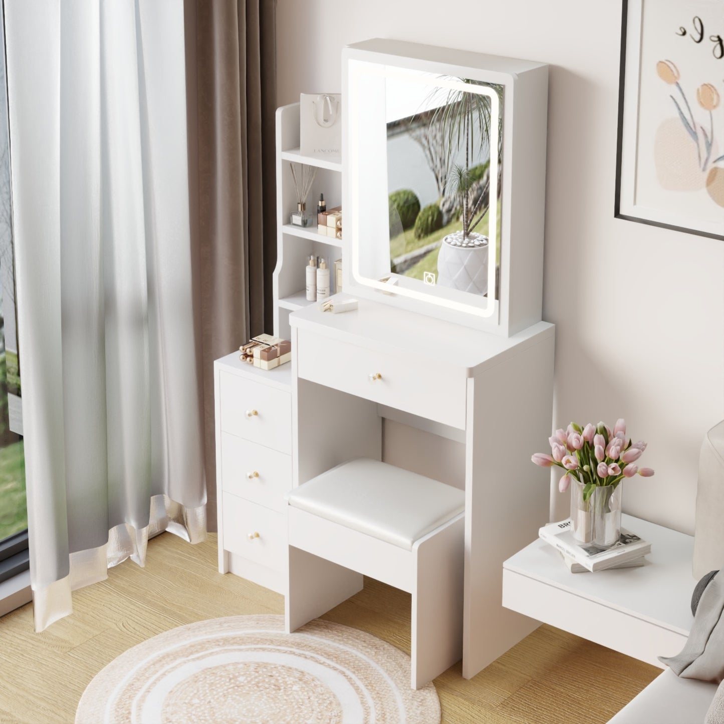 Small Size Left Bedside Cabinet Vanity Table   Cushioned Stool, Extra Large Touch Control Sliding LE