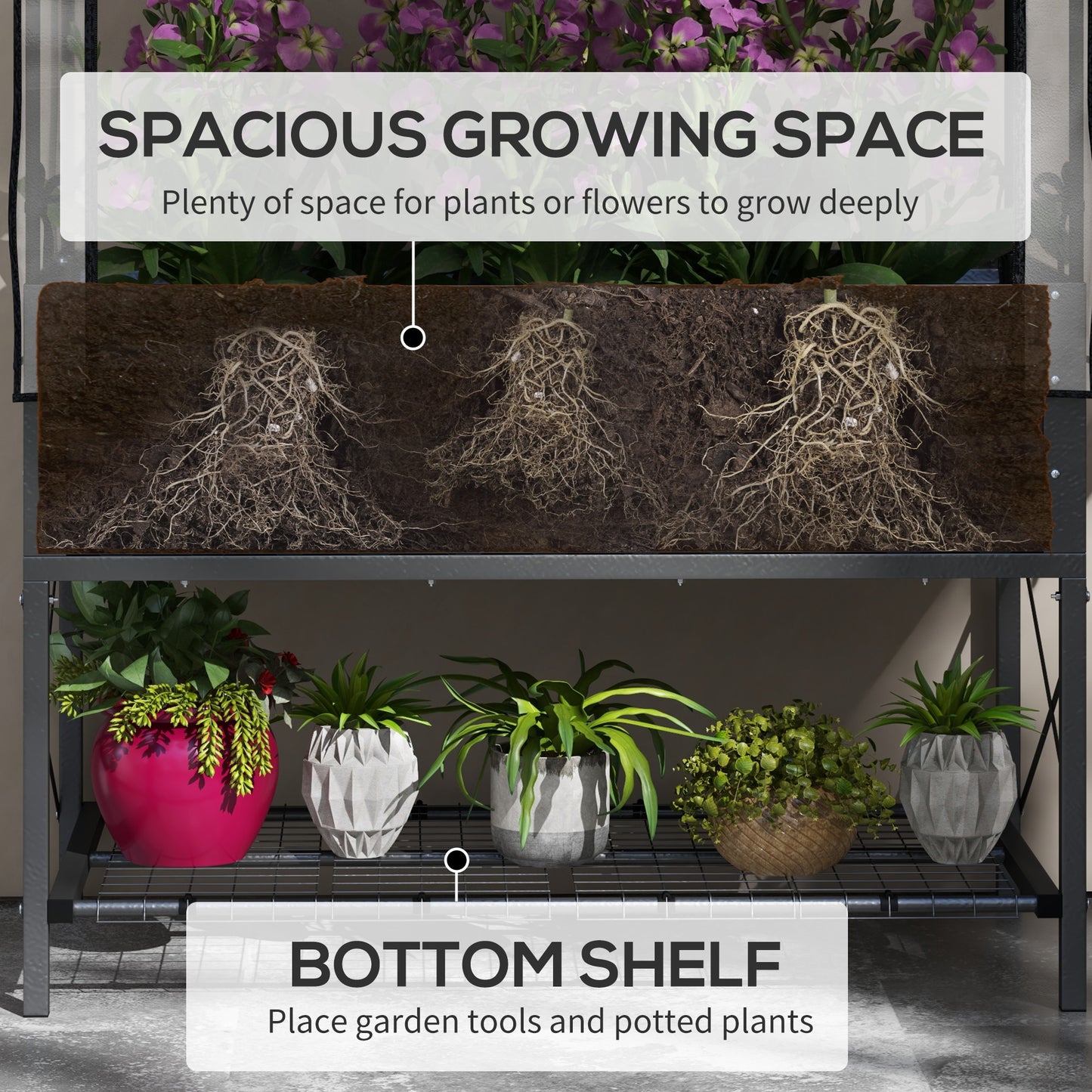 Raised Garden Bed with Legs and Cover, Metal Elevated Planter Box with Bottom Shelf and Liner for Vegetables, Black