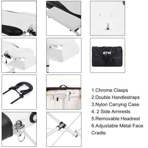 Massage Table Couch Bed Aluminium Tattoo Spa Reiki Portable Folded 3 Section With Premium PU Leather And 5 Cm High Density Multi-Layer Foam Headrest Arm Support And Carrying Bag