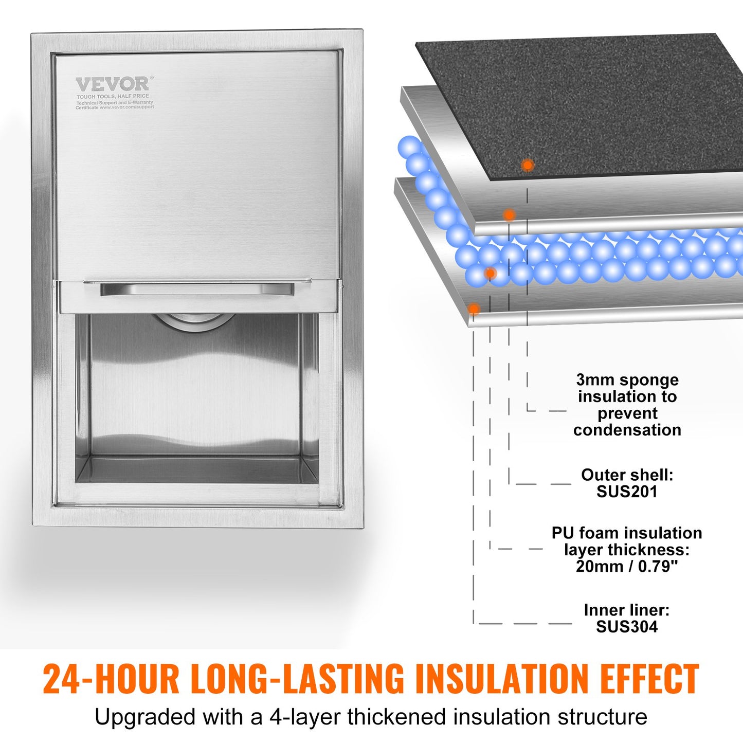 26,7 L Drop-in-Eisbox, 456 X 304 X 371 Mm Edelstahl-Eiskühler, Kommerzieller Eisbehälter Mit Schiebedeckel, Eingebaute Eisspeichertruhe, Abflussrohr & Ablassstopfen Im Lieferumfang Enthalten