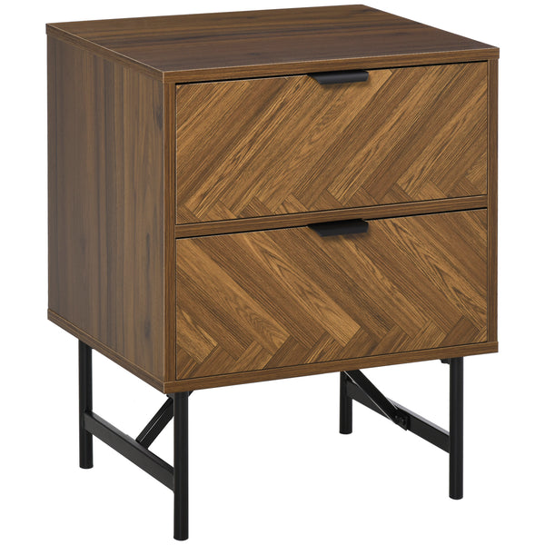 Bedside Table With Two Drawers, Side Cabinet Storage Unit With Metal Handles, Organisation Furniture For Living Room, Bedroom, Walnut Brown