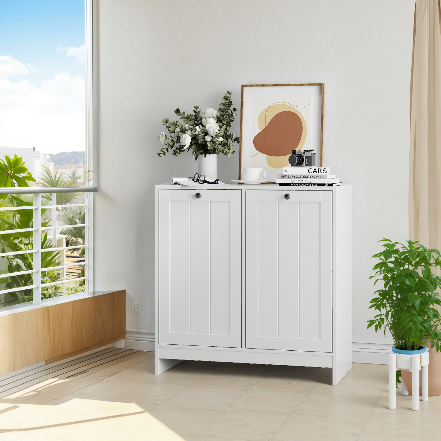 Tilted Laundry Hamper With Removable Basket, Hidden Laundry Hamper, Bathroom Laundry Hamper Storage Cabinet, Free-Standing Home Organizer, White