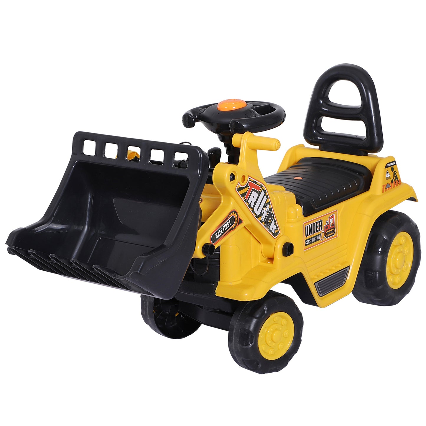 Kids Ride On Excavator Toy, Yellow Pull Cart Bulldozer With Bucket, Horn, Steering Wheel, For Toddler