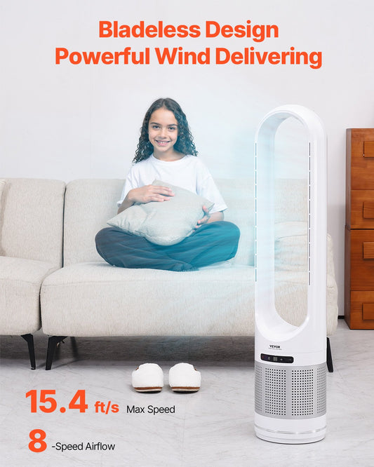 Turmventilator Ohne Flügel, 4,7 M/s Schneller Standventilator, 80° Oszillierende Ventilatoren Mit 8 Gang, 8-Stunden-Timer, H13-HEPA-Filterung, Fernbedienung & Luftreinigungsmodus