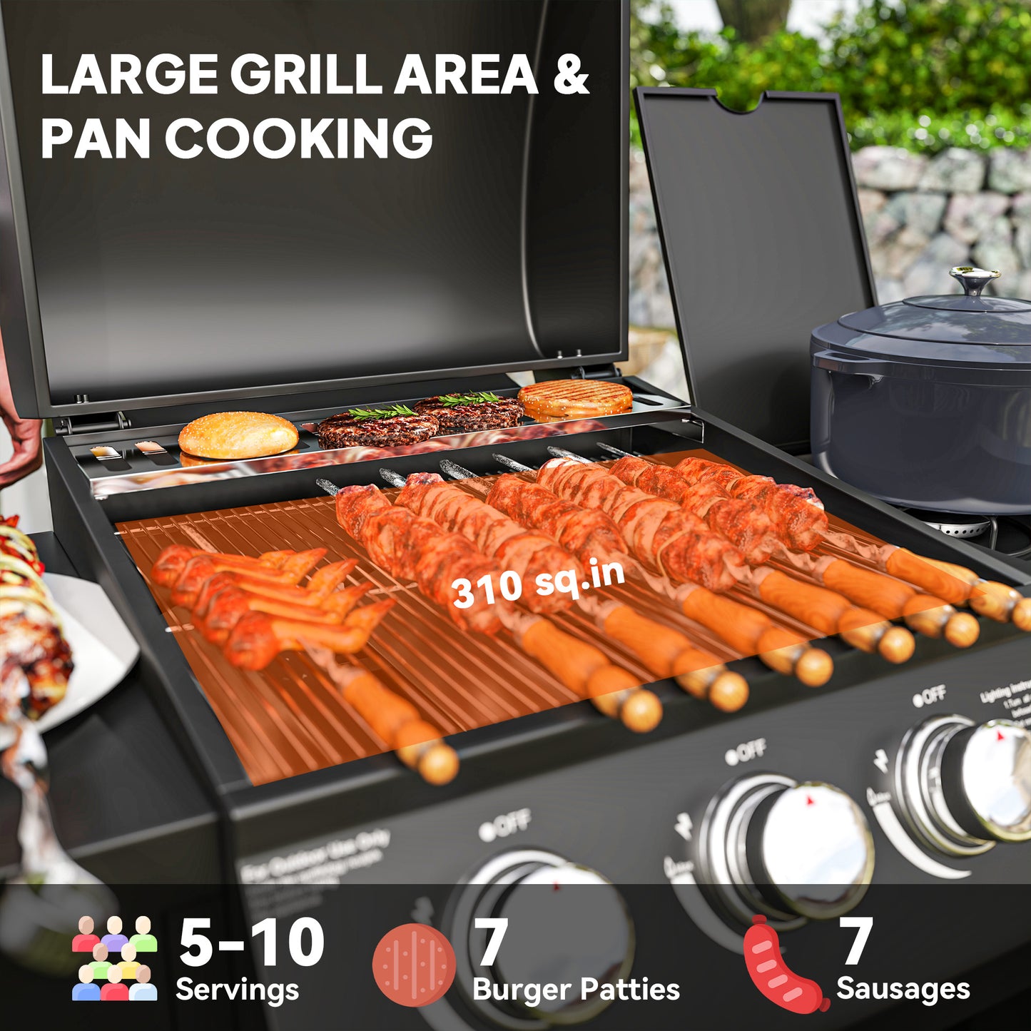 3 Burner Propane Gas Grill with Side Burner Barbecue Grill with Shelves, 9.5 KW Output, 310 Sq. in. Cooking Area