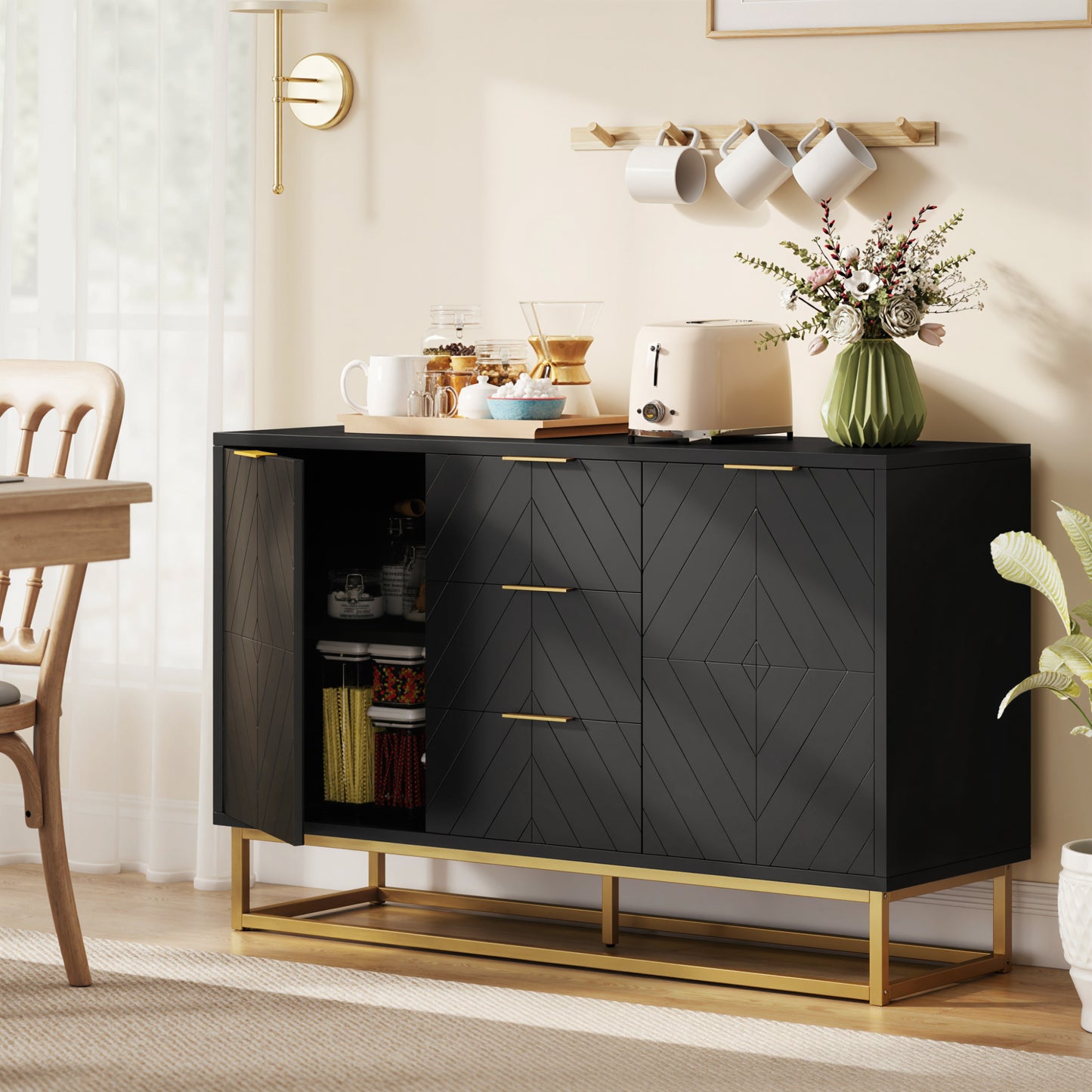 Sideboard With 3 Drawers And Adjustable Shelves For Living Room - Black