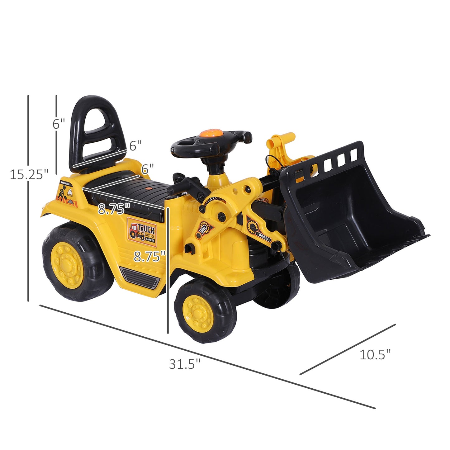 Kids Ride On Excavator Toy, Yellow Pull Cart Bulldozer With Bucket, Horn, Steering Wheel, For Toddler