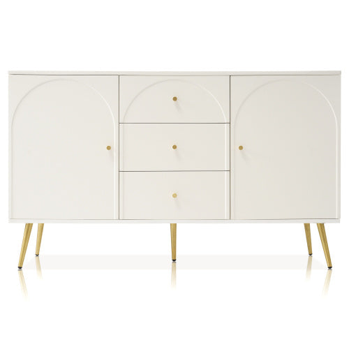 Sideboard Cabinet For Living Room, Chest Of Drawers With 2 Doors And 3 Drawers, Adjustable Shelf, Cream White, 40D X 140W X 84H CM