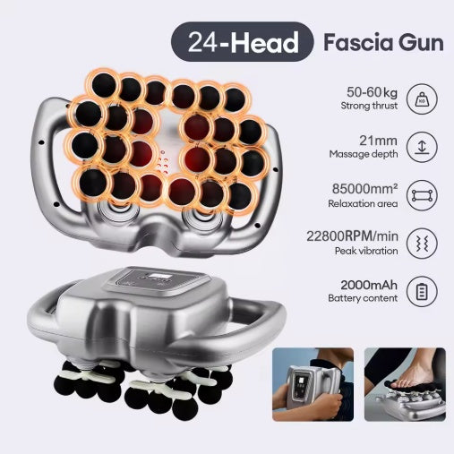 24 Head Professional Fascia Gun Deep Tissue Electric Muscle Massager With 21mm Depth, 2000mAh Battery And Dual Handles For Full Body Relief