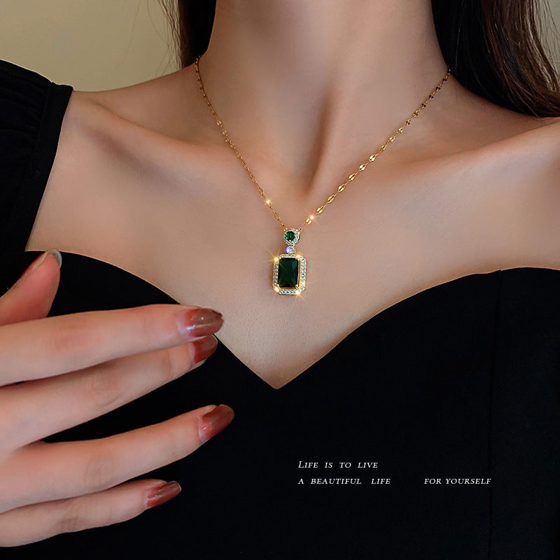925 Silver Needle Zircon Emerald Crystal Earrings Necklace Set Clavicle Chain