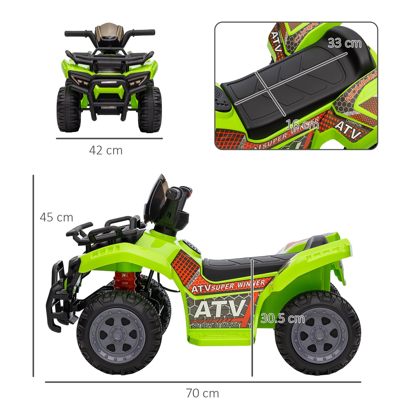 6V Kids Electric Ride On Car Toddlers Quad Bike All Terrain Vehicle Toy With Music For 18-36 Months Green