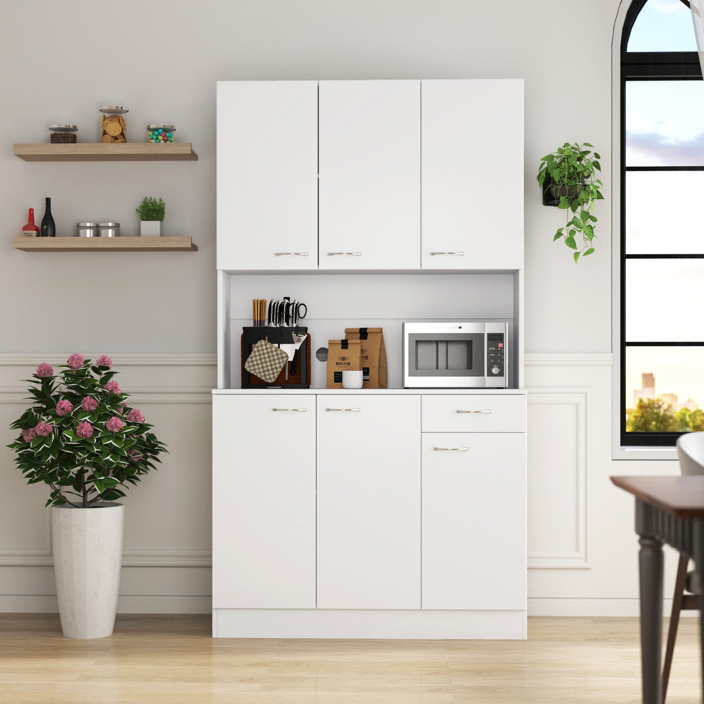 70.87 Tall Wardrobe& Kitchen Cabinet, With 6-Doors, 1-Open Shelves And 1-Drawer For Bedroom,White