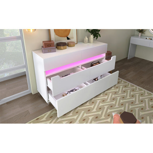 Sideboard Cabinet Dresser With 6 Drawers,Storage With RGB LED App Control, Sideboard With Cut-out Handles, 6-drawers Chest Of Drawers, 71 X 120 X 40 Cm, White