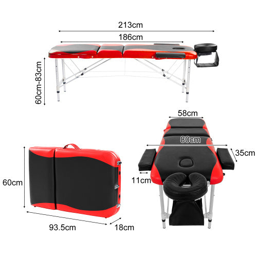 Massage Table Couch Bed Aluminium Tattoo Spa Reiki Portable Folded 3 Section With Premium PU Leather And 5 Cm High Density Multi-Layer Foam Headrest Arm Support And Carrying Bag