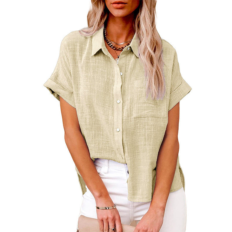 Summer Lapel Short Sleeve Shirt With Pockets Fashion Casual Solid Color Button Tops Women's Clothing