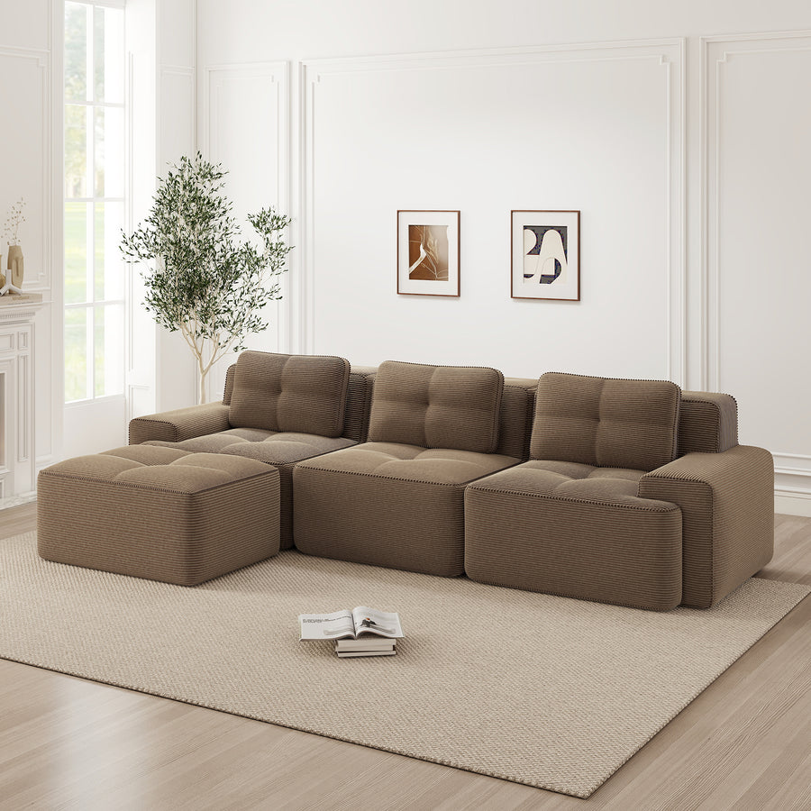 Cloud Modulsofa Boneless L-shaped Sofa, Modular Sofa With Ottoman, Modular Cloud Sofa, 3-seater Corduroy Cloud Sofa For Living Room, Freestanding Sofa, Brown