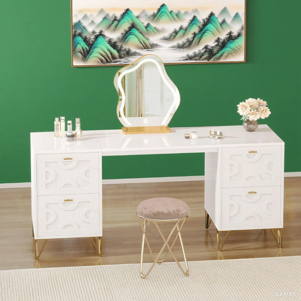 Without Mirror 59-Inch Makeup Vanity Desk With 4 Drawers, White Dressing Table With Storage, Modern Beauty Table Simple Home Office Computer Desk With Gold Legs